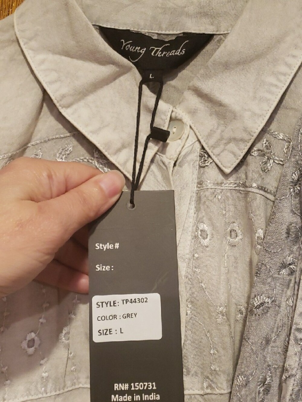 NWT Young Threads Light Gray Embroidered Boho Button-Up Shirt & Harem Pant Set - Picture 5 of 13